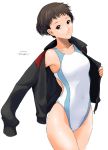  black_eyes brown_hair collarbone competition_swimsuit jacket one-piece_swimsuit original ryouzou short_hair signature simple_background solo swimsuit 