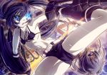  arm_cannon belt bikini_top black_hair black_rock_shooter black_rock_shooter_(character) blue_eyes glowing_eyes ikatomo kuroi_mato long_hair scar shorts twintails weapon 