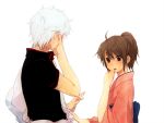  blush brown_hair gintama japanese_clothes kimono male sakata_gintoki shimura_tae short_hair sjim white_hair 