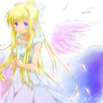  angel_wings blonde_hair blue_eyes dress feathers hands_clasped kamio_misuzu koukai_(kusanagi-k9999-yamazaki) long_hair ponytail wings 