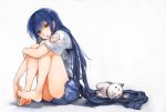  barefoot blue_hair cat feet ichinomi leg_hug legs long_hair red_eyes scarf school_uniform serafuku shiina_(angel_beats!) 
