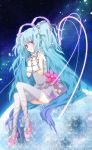  blue_hair bow dress frills hand_on_chest hands_on_own_chest hatsune_miku long_hair pink_eyes sakiru sitting thigh-highs thighhighs twintails very_long_hair vocaloid 