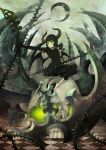  black_rock_shooter checkered checkered_floor crescent_moon dead_master glowing glowing_eyes green_eyes highres horns moon scythe sitting skull solo spikes wings 