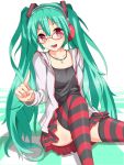  green_hair hatsune_miku hazuki_akaoto headphones headset hoodie kocchi_muite_baby_(vocaloid) long_hair project_diva project_diva_2nd red_eyes striped striped_legwear striped_thighhighs thigh-highs thighhighs twintails vocaloid 