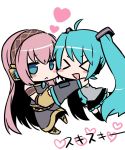  &gt;_&lt; :d aqua_hair blue_eyes chibi closed_eyes glomp hatsune_miku heart hug long_hair megurine_luka miz_01 mizuki_(koko_lost) open_mouth pink_hair smile thighhighs twintails very_long_hair vocaloid xd yuri 