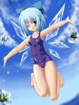  bad_id blue_eyes blue_hair cirno frog hamachi_hazuki highres ice jumping one-piece_swimsuit school_swimsuit short_hair swimsuit touhou wings wink 