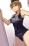  brown_hair em hat name_tag one-piece_swimsuit school_swimsuit short_hair strike_witches swimsuit translated waltrud_krupinski 