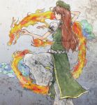  braid china_dress chinese_clothes dragon enola enola_(ebanataw) fighting fighting_stance fire hat hong_meiling long_hair pants red_eyes red_hair redhead solo stance star touhou twin_braids 