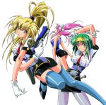  90s bow burn-up burn-up_w gloves green_hair gun hair_bow hairband handgun jingu_maya kawazaki_maki kinezono_rio lilica_ebett long_hair miniskirt multiple_girls official_art pantyhose pink_hair pistol police police_uniform ponytail short_hair simple_background skirt thigh-highs thighhighs twintails uniform weapon 