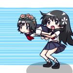  black_eyes black_hair blush_stickers flower hair_flower hair_ornament head_wreath long_hair moja_(gibson) multiple_girls pleated_skirt saten_ruiko school_uniform serafuku short_hair skirt to_aru_kagaku_no_railgun to_aru_majutsu_no_index uiharu_kazari unconventional_gun 