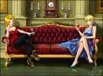  2girls ahoge android_18 black_legwear blue_eyes breasts candle cleavage clock couch crossed_legs crossover cup dragon_ball dragon_ball_z dress fate/stay_night fate_(series) green_eyes hair_ribbon high_heels highres multiple_girls pantyhose ribbon saber shoes short_hair sitting wine_glass 