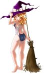  armpits ass back barefoot blonde_hair broom competition_swimsuit from_behind hat hat_ribbon holding holding_hat kirisame_marisa kirisame_marisa_(pc-98) legs looking_back one-piece_swimsuit ribbon solo strahl swimsuit touhou touhou_(pc-98) witch_hat yellow_eyes 