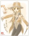  blush chingling earrings formal hat jacket jewelry lipstick long_hair lowres magician pantyhose pokemon pokemon_(anime) shizue_(pokemon) suit top_hat traditional_media 