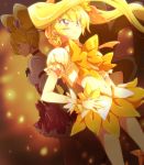  2girls bad_id blonde_hair crossover cure_peach cure_sunshine dress dutch_angle fresh_precure! futari_wa_precure heartcatch_precure! magical_girl maruki_(punchiki) midriff momozono_love multiple_girls myoudouin_itsuki navel orange_(color) orange_background orange_dress pink_dress precure skirt twintails wrist_cuffs yellow_eyes 