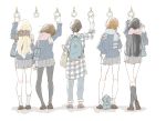  akiyama_mio arm_up backpack bag black_hair blazer blonde_hair brown_hair checkered crossed_legs_(standing) from_behind hand_on_headphones hand_on_hip headphones hirasawa_yui k-on! kneehighs kotobuki_tsumugi legs long_hair multiple_girls nakano_azusa pantyhose plaid plaid_scarf plaid_shirt reading scarf school_uniform shoes short_hair simple_background skirt socks standing tainaka_ritsu tarako73 white_legwear white_socks 