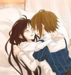  akiyama_mio antenna_hair black_hair blush brown_hair closed_eyes cosplay costume_switch gogono_pan'ya gogono_panya hair_down hug k-on! long_hair lying multiple_girls mutual_yuri profile role_reversal romeo_and_juliet short_hair smile tainaka_ritsu yuri 