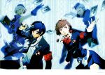  arisato_minato blue_hair book brown_hair elizabeth elizabeth_(persona) evoker female_protagonist_(persona_3) gloves hair_ornament hairclip hat headphones highres official_art pantyhose persona persona_3 persona_3_portable red_eyes scan school_uniform short_hair soejima_shigenori teodor velvet_room weapon white_hair yellow_eyes 