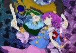  blue_hair green_eyes heart hinoki_bayashi holding_hands komeiji_koishi komeiji_satori lying lying_on_back multiple_girls on_back purple_eyes purple_hair short_hair siblings sisters smile touhou violet_eyes 