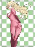  bodysuit covering embarrassed green_eyes highres long_hair open_mouth princess_peach solo super_mario_bros. tamamon zero_suit 