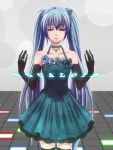  blue_hair blue_rose bow bracelet catwhathk choker dress elbow_gloves flower gloves hair_flower hair_ornament hatsune_miku jewelry long_hair necklace ring rose solo thighhighs twintails very_long_hair vocaloid 