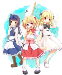  black_hair blonde_hair bow brown_hair dress drill_hair fang flag hair_bow hat highres long_hair luna_child multiple_girls niiya orange_hair purple_eyes red_eyes short_hair spell_card star_sapphire sunny_milk touhou twintails violet_eyes wings yousei_daisensou 