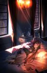  barefoot bed book bow crescent crescent_moon curtains drawer feet flower hair_bow hat highres hosimo indoors lamp long_hair lying on_side patchouli_knowledge phone purple_eyes purple_hair smile solo touhou very_long_hair violet_eyes wings 
