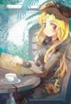  book cup face ginka highres jacket red_eyes sekaiju_no_meikyuu sekaiju_no_meikyuu_3 sitting tea zodiac_(sekaiju) 