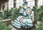  bow chair dress elbow_gloves garden gloves hat headdress highres mitsuharu_iseki original reading smile 