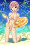  bikini blue_eyes bottle hajime_(caramel_toone) innertube kneeling lotion original pink_hair short_hair solo suntan_lotion swimsuit wink 