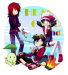  backwards_hat baseball_cap black_hair blue_eyes blue_hair cabbie_hat chikorita crystal_(pokemon) cyndaquil goggles gold_(pokemon) grey_eyes hat hk_(nt) hoodie laughing overalls pants pokemon pokemon_(creature) pokemon_special redhead shirt shoes silver_(pokemon) sitting standing thigh-highs totodile twintails white-thighhighs yellow_eyes 