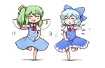  barefoot blue_hair bow cirno closed_eyes daiyousei dancing green_hair hair_bow multiple_girls open_mouth ryuhey side_ponytail smile touhou wings 