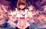  cityscape closed_eyes cloud clouds highres original short_hair sketch skyline smile solo tan_(tangent) ted_(artist) white_shirt 