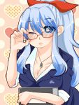 alternate_costume alternate_hairstyle bespectacled blazer blue_hair book breasts cleavage glasses jewelry kamishirasawa_keine lips matuken_maisiteru necklace ponytail sleeves_rolled_up solo teacher touhou wince 