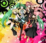  boots bow breasts detached_sleeves green_eyes green_hair hatsune_miku highres kagamine_rin long_hair megurine_luka necktie pink_hair short_hair shorts shunkashuutou thigh-highs thigh_boots thighhighs twintails very_long_hair vocaloid zoom_layer 