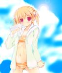  blonde_hair bottle hoodie jacket kuon_itsuki lens_flare original red_eyes short_hair solo spill striped striped_bikini striped_swimsuit swimsuit twintails 
