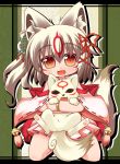  animal_ears brown_eyes chibi chibiterasu facial_mark fang hair_ornament japanese_clothes kimono kuroneko_liger off_shoulder okami personification side_ponytail smile tail white_hair wolf wolf_ears wolf_tail 