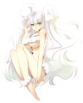  breasts green_eyes kimura_shiki large_breasts long_hair smile solo two-finger_salute underboob very_long_hair white white_background white_hair 