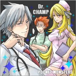  1girl 2boys alternate_costume bad_id blonde_hair blue_eyes breasts chou_shittou_caduceus cleavage dress formal hair_ornament hair_over_one_eye hat jewelry long_hair multiple_boys natsu315 nurse nurse_cap open_mouth pantyhose pokemon pokemon_(game) pokemon_dppt pokemon_rgby pokemon_rse red_eyes red_hair redhead shirona_(pokemon) short_hair silver_hair smile sweatdrop thigh-highs thighhighs tsuwabuki_daigo wataru_(pokemon) 