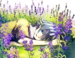  aofujiake blue_eyes boy flower fubuki_shirou grass inazuma_eleven lying male scarf smile solo white_hair 