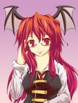  bat_wings glasses head_wings koakuma kuriimu long_hair red_eyes redhead smile solo touhou wings 