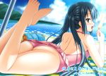  barefoot beach bikini black_hair blush brown_eyes casual_one-piece_swimsuit feet foreshortening k-on! looking_back nakano_azusa on_stomach one-piece_swimsuit popsicle swimsuit twintails uehiro water zanshomimai 