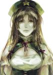  alternate_costume beret breasts cleavage cocoons faux_traditional_media hat hong_meiling lips portrait realistic sad simple_background solo tears touhou twintails 