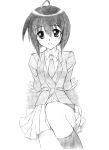  ahoge arm_support graphite_(medium) kaigara_boushi mahou_sensei_negima! miyazaki_nodoka monochrome necktie school_uniform short_hair sitting socks solo traditional_media 