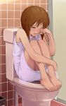  bathroom brown_hair face feet hagiwara_yukiho highres idolmaster leg_hug pettan_p short_hair sitting solo tears tiles toes toilet trashcan wiping_tears 