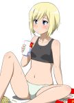  blue_eyes blush drink drinking erica_hartmann food french_fries mcdonald&#039;s navel panties short_hair sitting solo spread_legs straw strike_witches sweat tank_top underwear youkan 