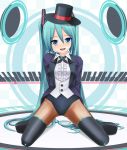  aqua_eyes aqua_hair eto fishnet_pantyhose fishnets hat hatsune_miku headset kneeling leotard long_hair magician miracle_paint_(vocaloid) pantyhose project_diva shiny smile solo thigh-highs thighhighs top_hat twintails very_long_hair vocaloid 