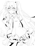  :o adjusting_glasses bespectacled detached_sleeves glasses hatsune_miku headphones highres lineart long_hair monochrome necktie skirt solo thigh-highs thighhighs twintails very_long_hair vocaloid yukiguni_(moaism) 