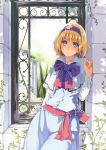  alice_margatroid blonde_hair blue_eyes buttons capelet face hairband hands short_hair solo standing tarou touhou tree window 