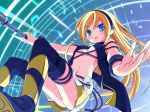  amakara_surume blonde_hair blue_eyes cable headphones lily_(vocaloid) microphone midriff musical_notes navel outstretched_arm thigh_boots underboob vocaloid 