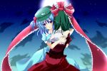  frills from_behind hair_ribbon hat highres hug kagiyama_hina kawashiro_nitori moon multiple_girls night night_sky ribbon ruffles sky stigma1101 tears touhou 